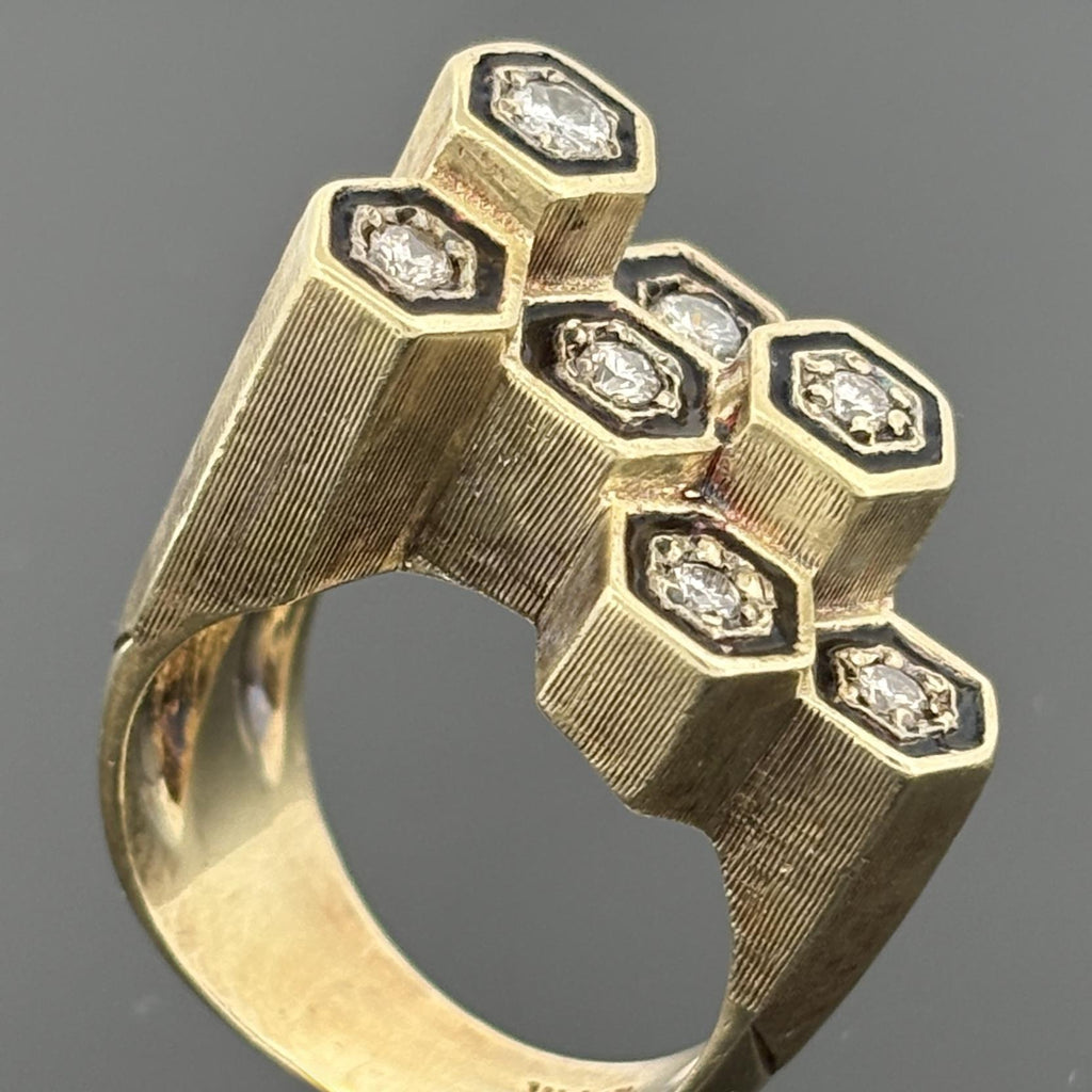 Mid-Century Modern Diamond Honeycomb Cluster Ring with Black Enamel, 14k Gold