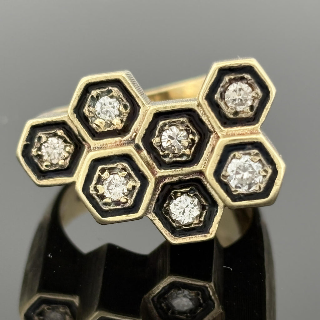 Mid-Century Modern Diamond Honeycomb Cluster Ring with Black Enamel, 14k Gold