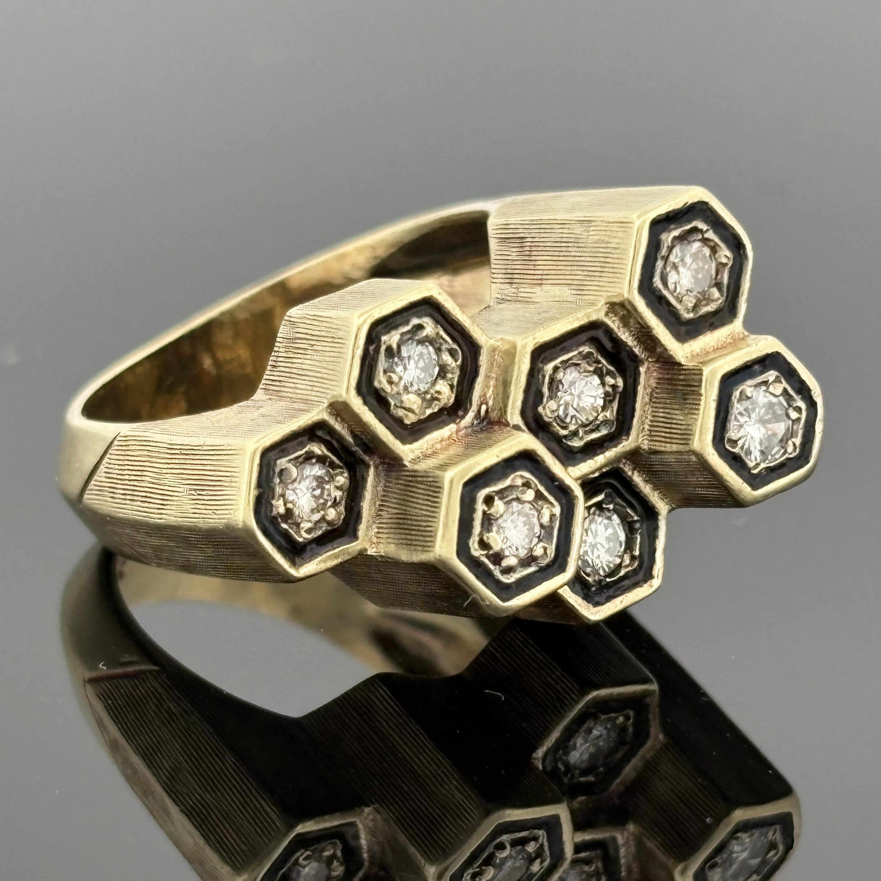 Mid-Century Modern Diamond Honeycomb Cluster Ring with Black Enamel, 14k Gold