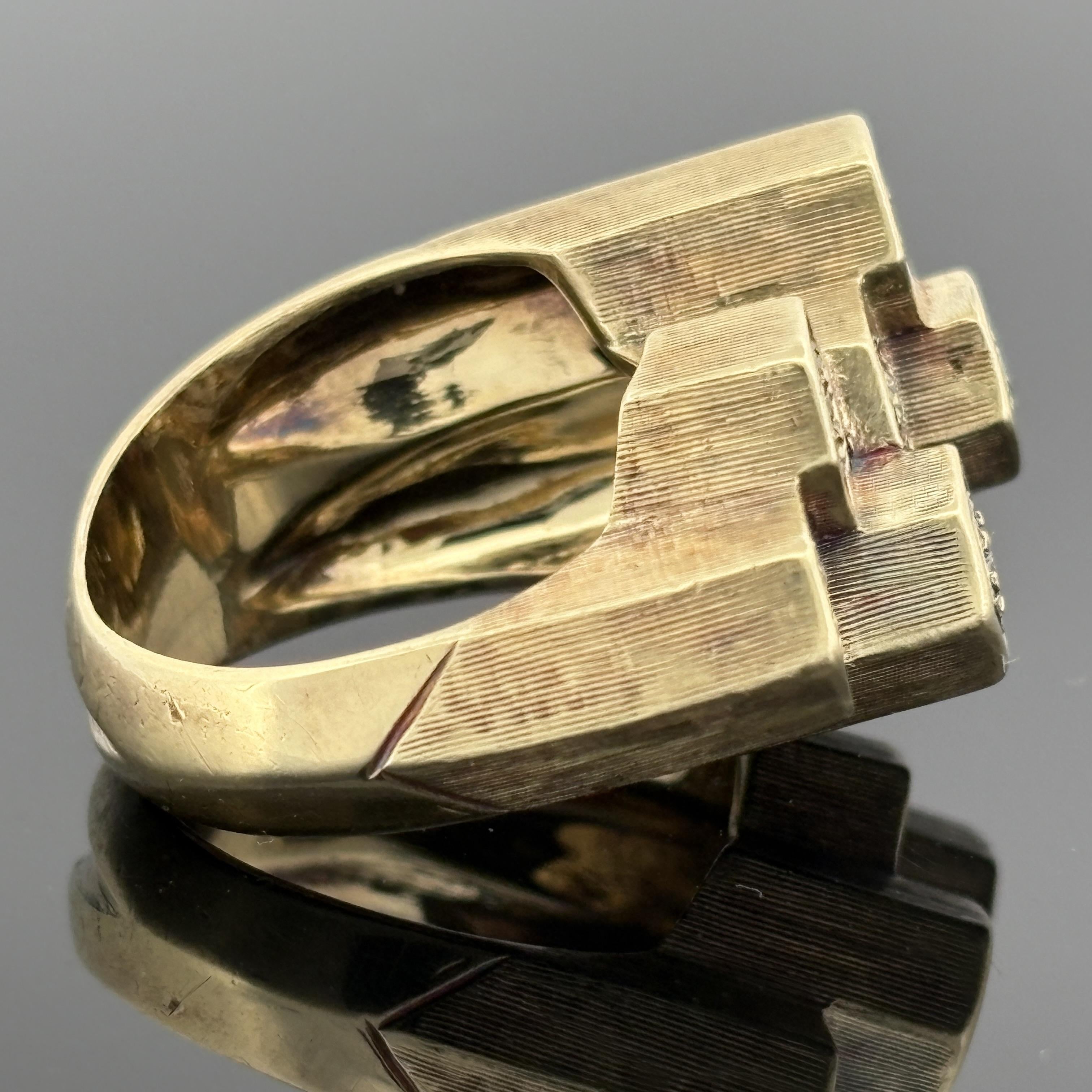 Mid-Century Modern Diamond Honeycomb Cluster Ring with Black Enamel, 14k Gold