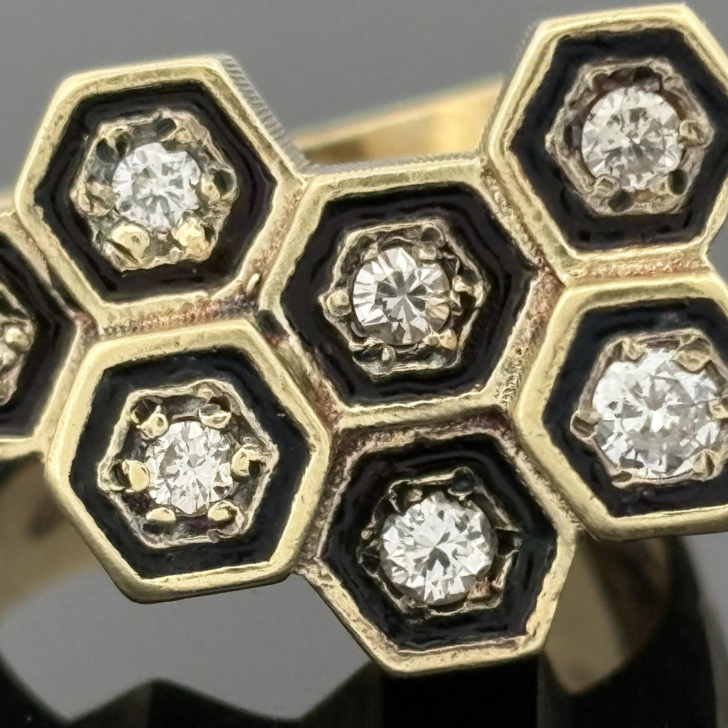 Mid-Century Modern Diamond Honeycomb Cluster Ring with Black Enamel, 14k Gold