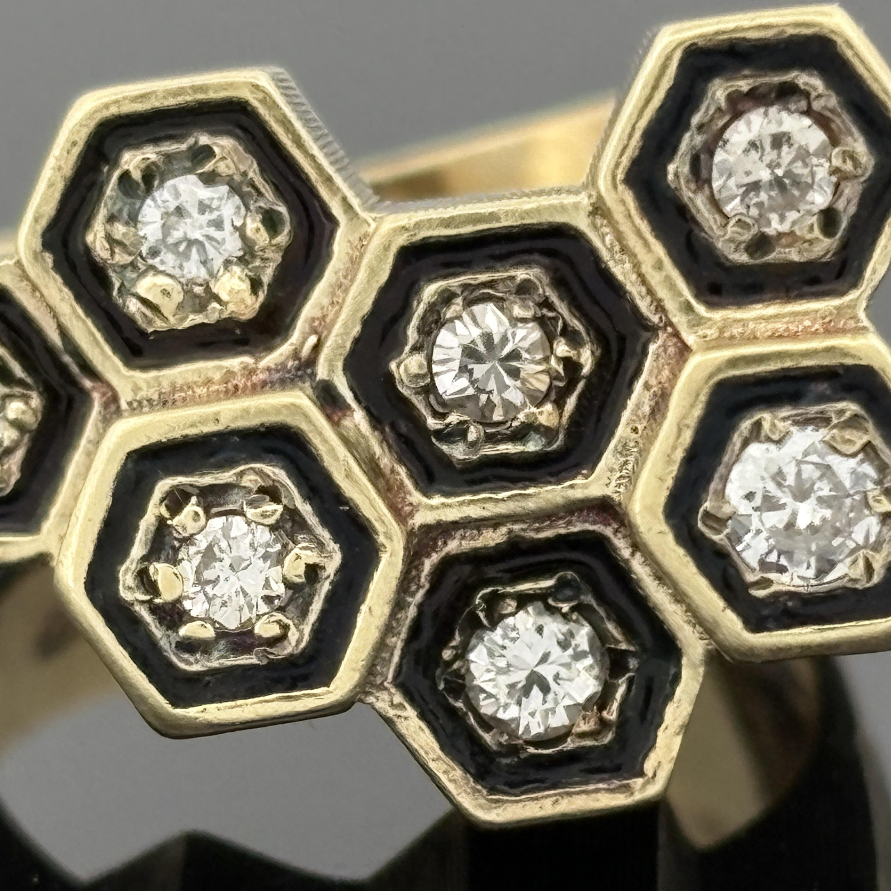 Mid-Century Modern Diamond Honeycomb Cluster Ring with Black Enamel, 14k Gold