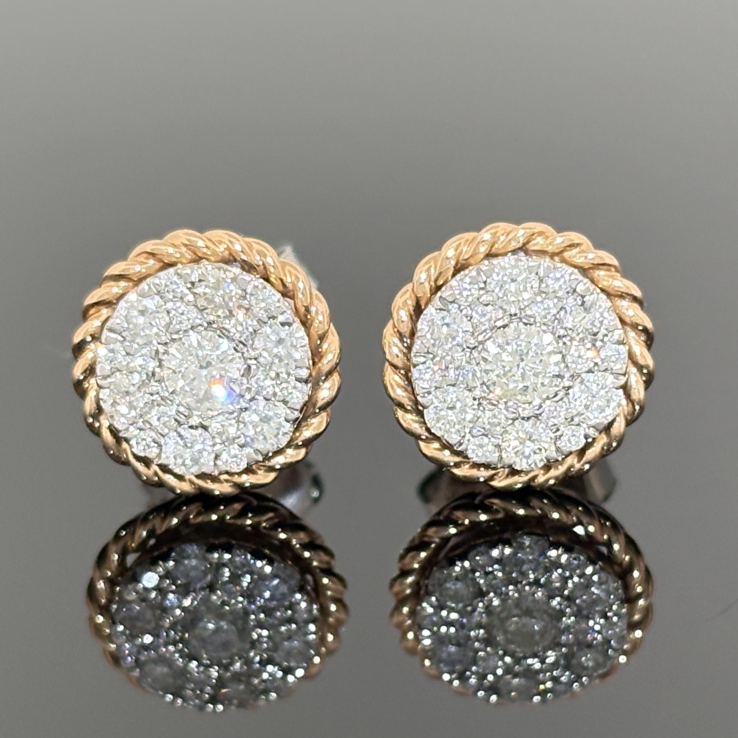 Royal Diamond Cluster Rope Frame Studs in 14k Rose & White Gold - 9.75mm
