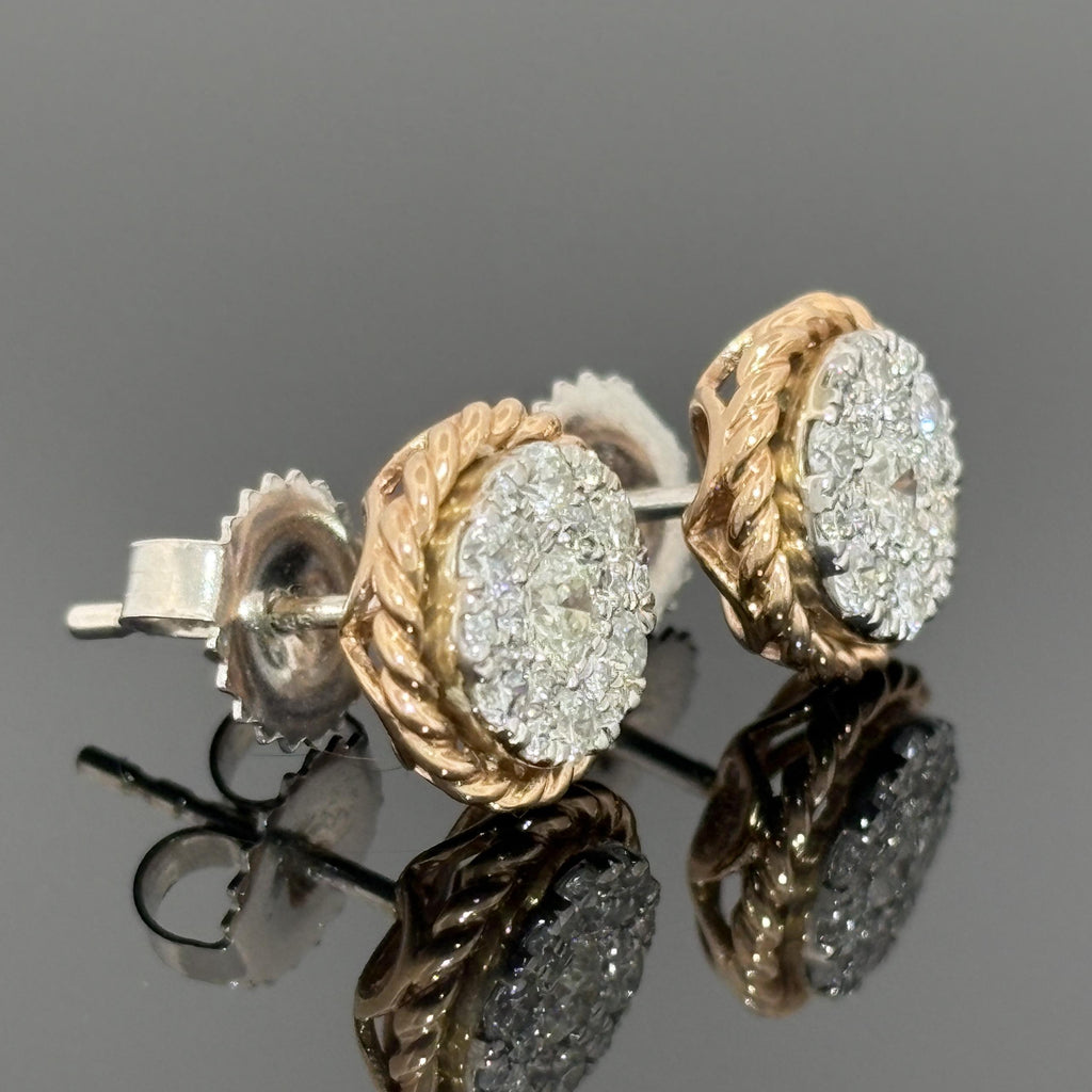 Royal Diamond Cluster Rope Frame Studs in 14k Rose & White Gold - 9.75mm