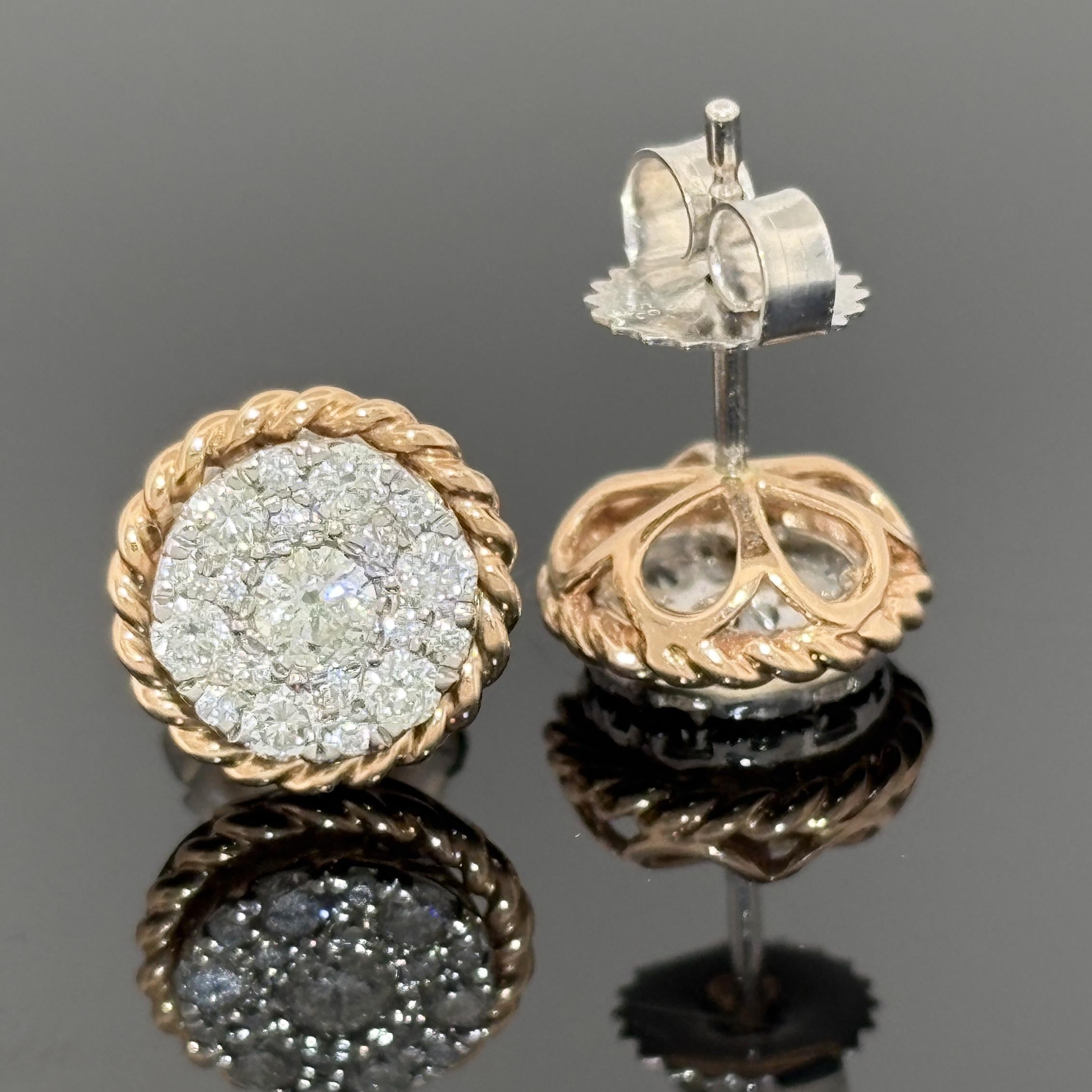Royal Diamond Cluster Rope Frame Studs in 14k Rose & White Gold - 9.75mm