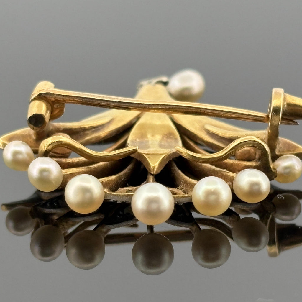 French Art Nouveau 18k Gold Diamond, Pearl & Enamel Brooch, André Rambour