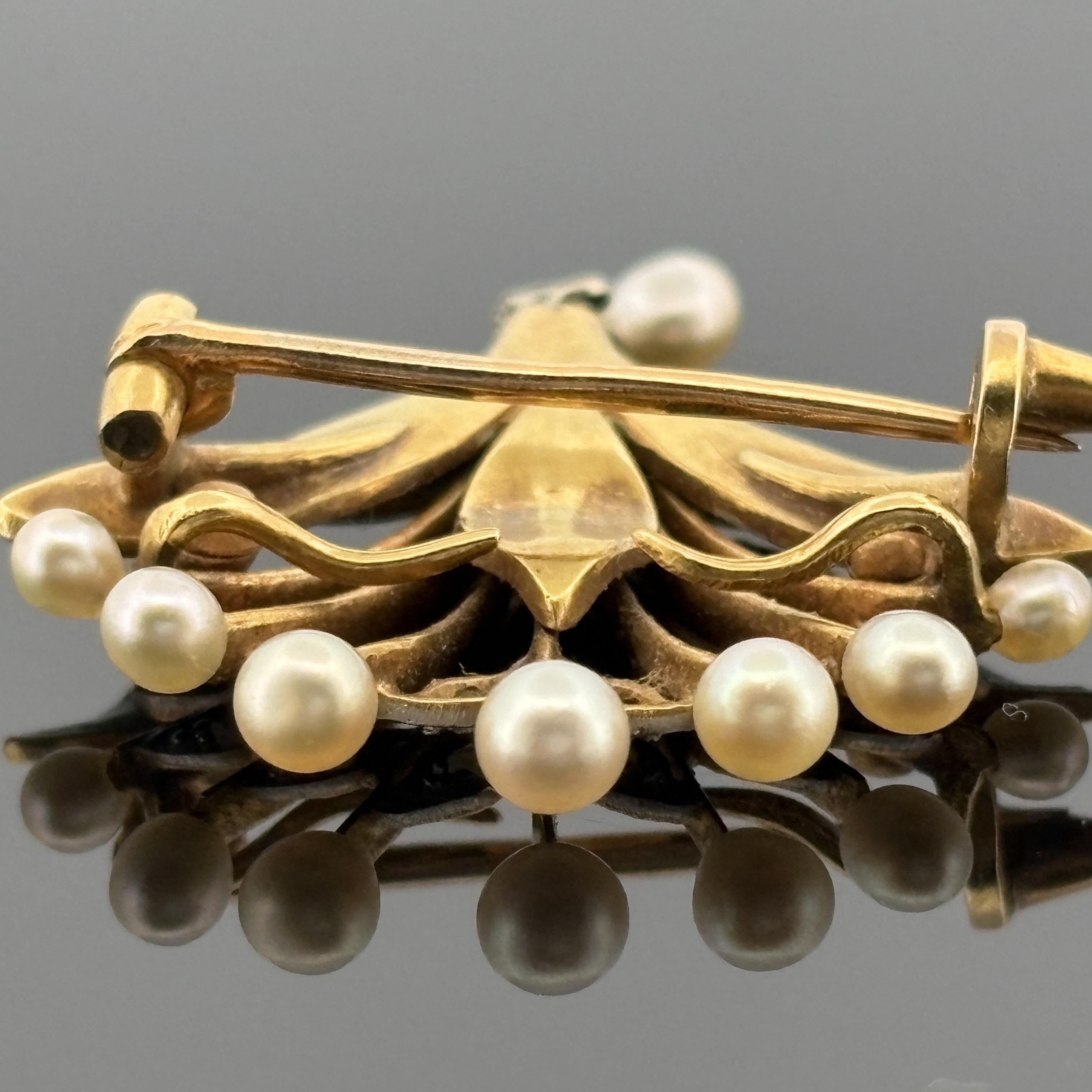 French Art Nouveau 18k Gold Diamond, Pearl & Enamel Brooch, André Rambour