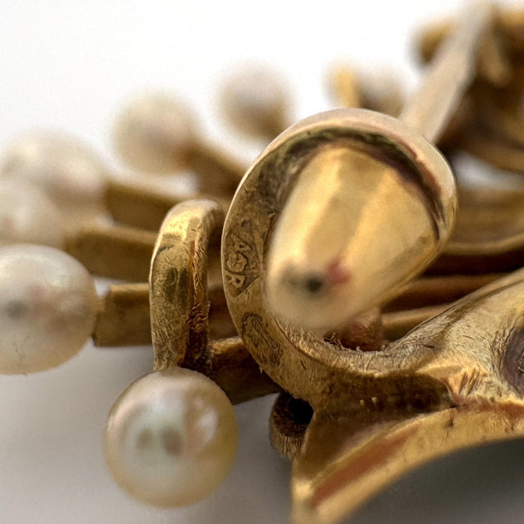 French Art Nouveau 18k Gold Diamond, Pearl & Enamel Brooch, André Rambour