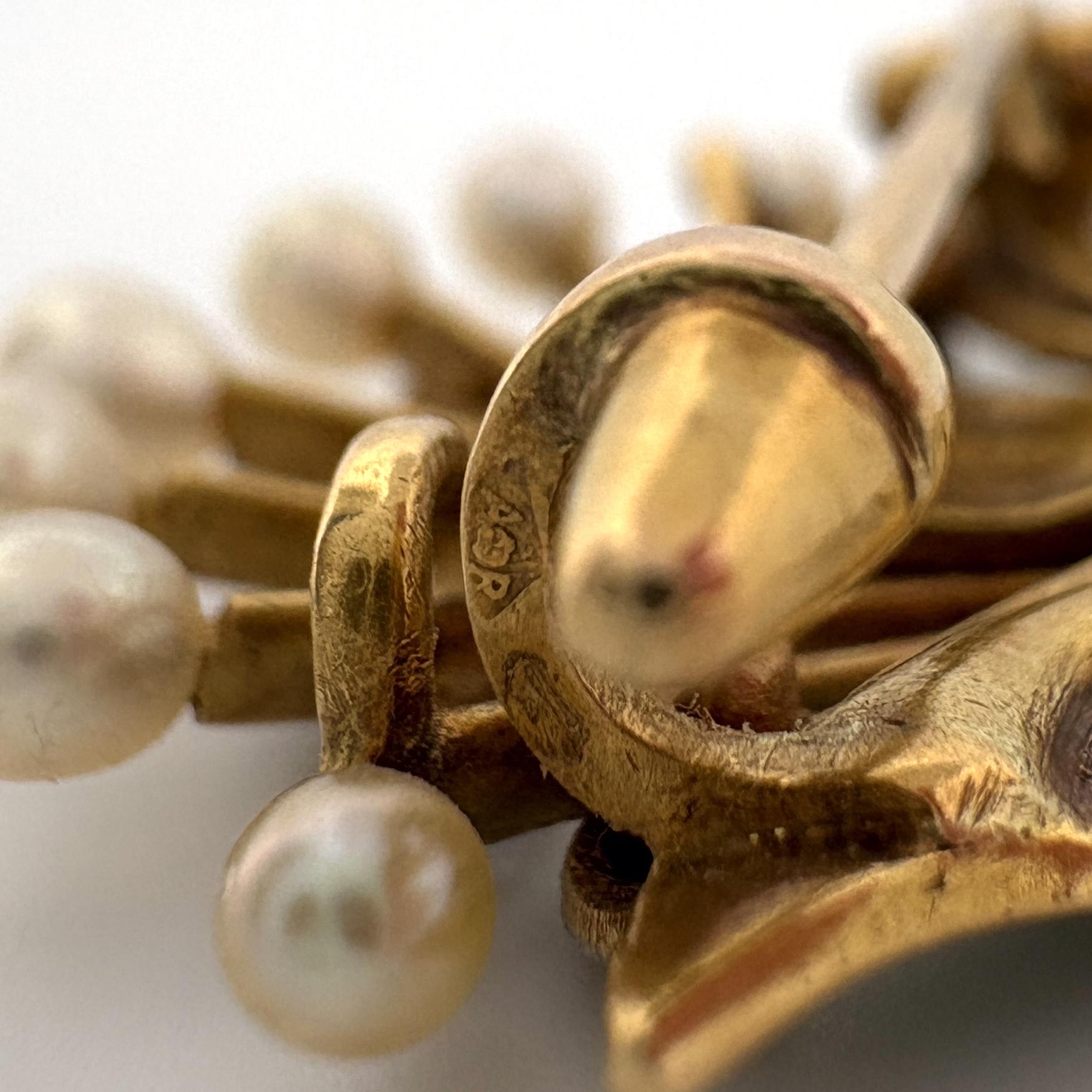 French Art Nouveau 18k Gold Diamond, Pearl & Enamel Brooch, André Rambour