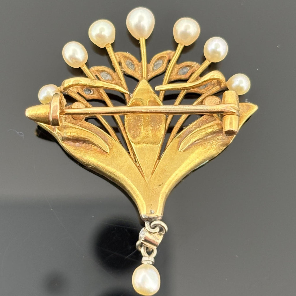 French Art Nouveau 18k Gold Diamond, Pearl & Enamel Brooch, André Rambour
