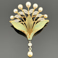 French Art Nouveau 18k Gold Diamond, Pearl & Enamel Brooch, André Rambour