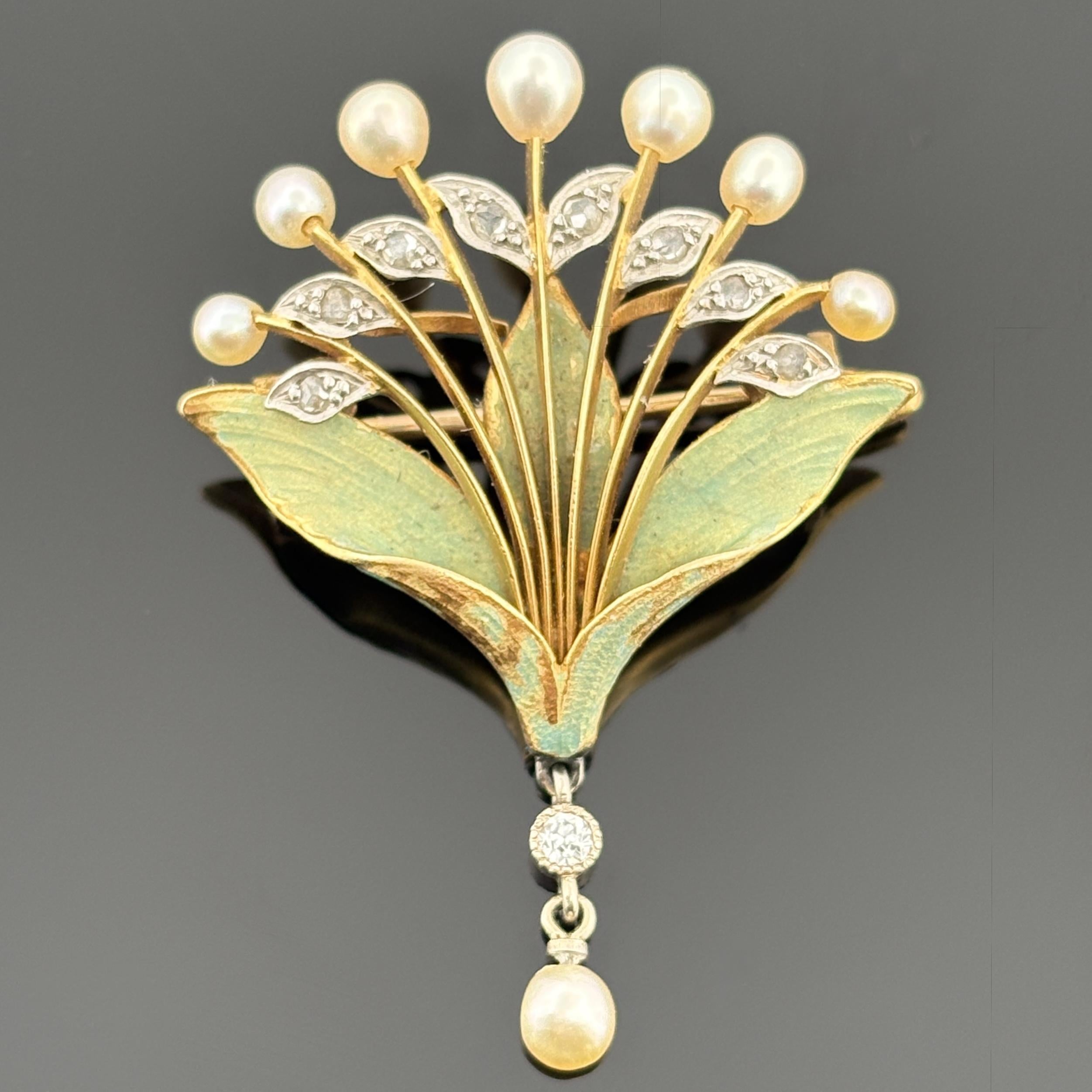 French Art Nouveau 18k Gold Diamond, Pearl & Enamel Brooch, André Rambour