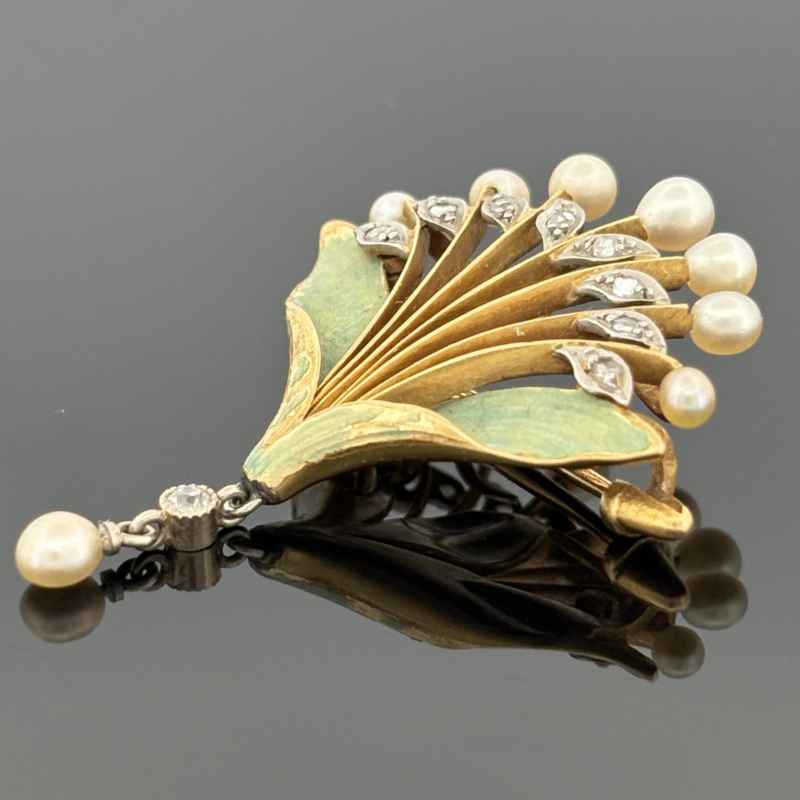French Art Nouveau 18k Gold Diamond, Pearl & Enamel Brooch, André Rambour