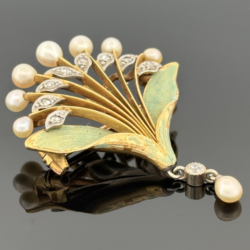 French Art Nouveau 18k Gold Diamond, Pearl & Enamel Brooch, André Rambour