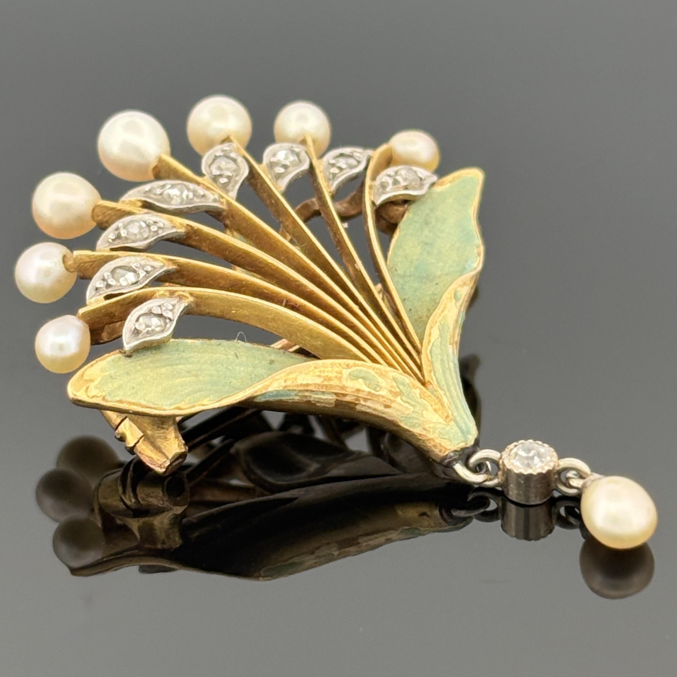 French Art Nouveau 18k Gold Diamond, Pearl & Enamel Brooch, André Rambour