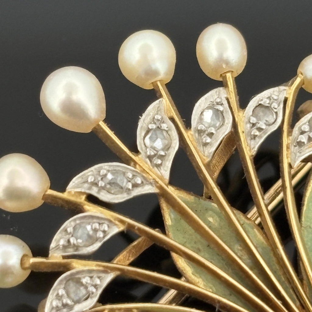 French Art Nouveau 18k Gold Diamond, Pearl & Enamel Brooch, André Rambour