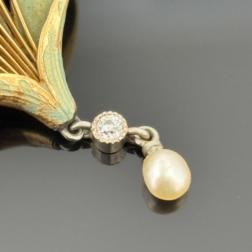 French Art Nouveau 18k Gold Diamond, Pearl & Enamel Brooch, André Rambour