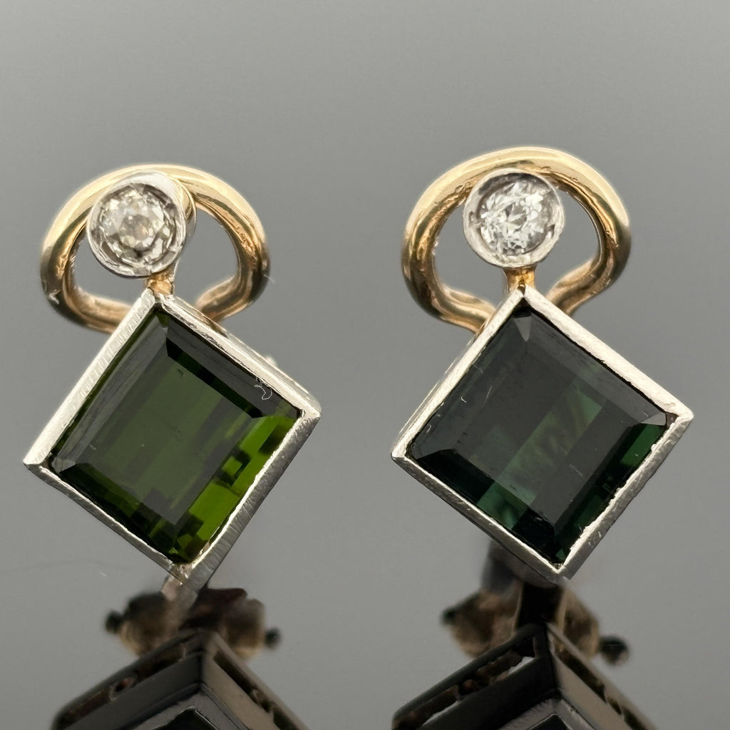 Vintage Modernist Tourmaline & Old Mine Cut Diamond Earrings 14k Gold