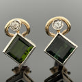 Vintage Modernist Tourmaline & Old Mine Cut Diamond Earrings 14k Gold