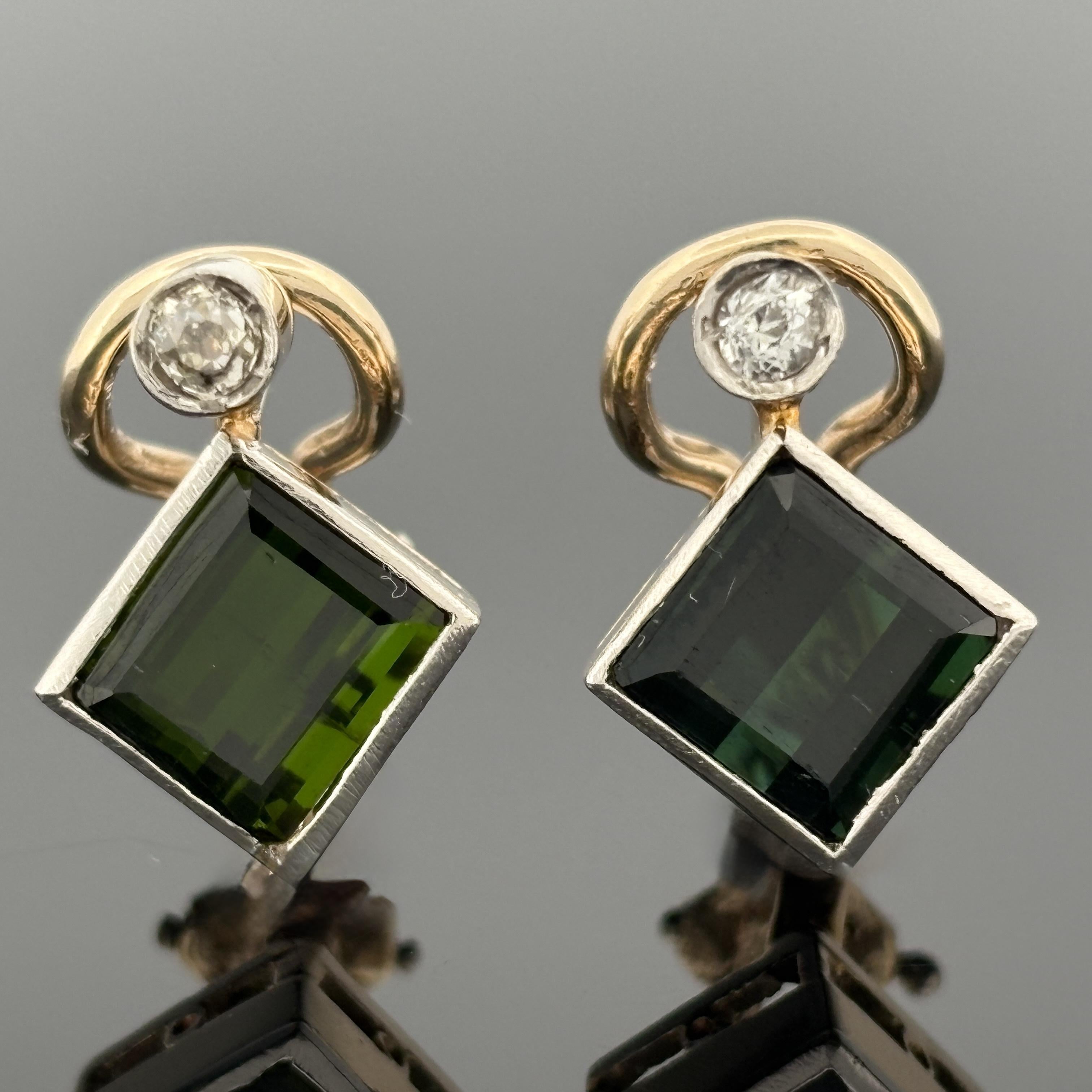 Vintage Modernist Tourmaline & Old Mine Cut Diamond Earrings 14k Gold