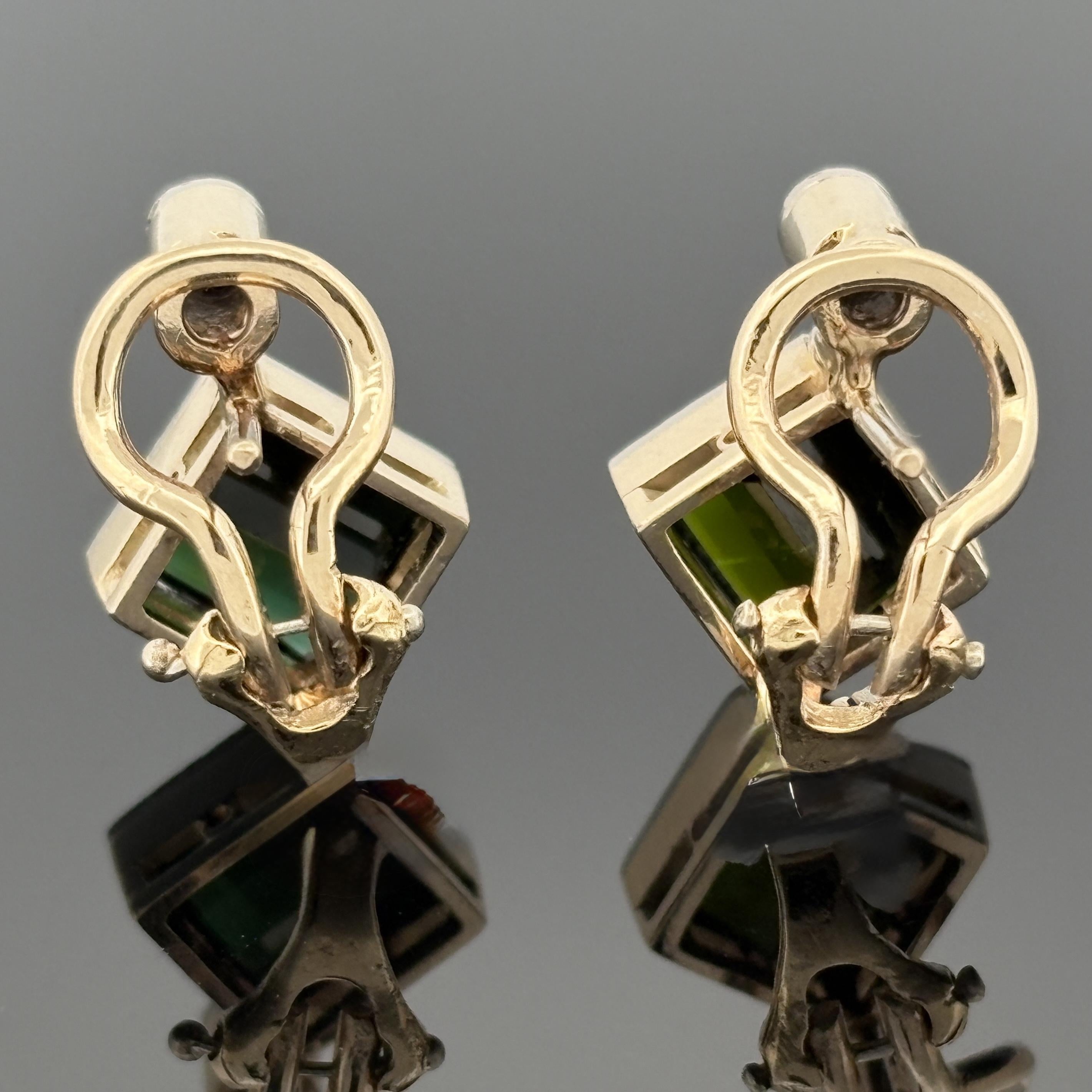 Vintage Modernist Tourmaline & Old Mine Cut Diamond Earrings 14k Gold