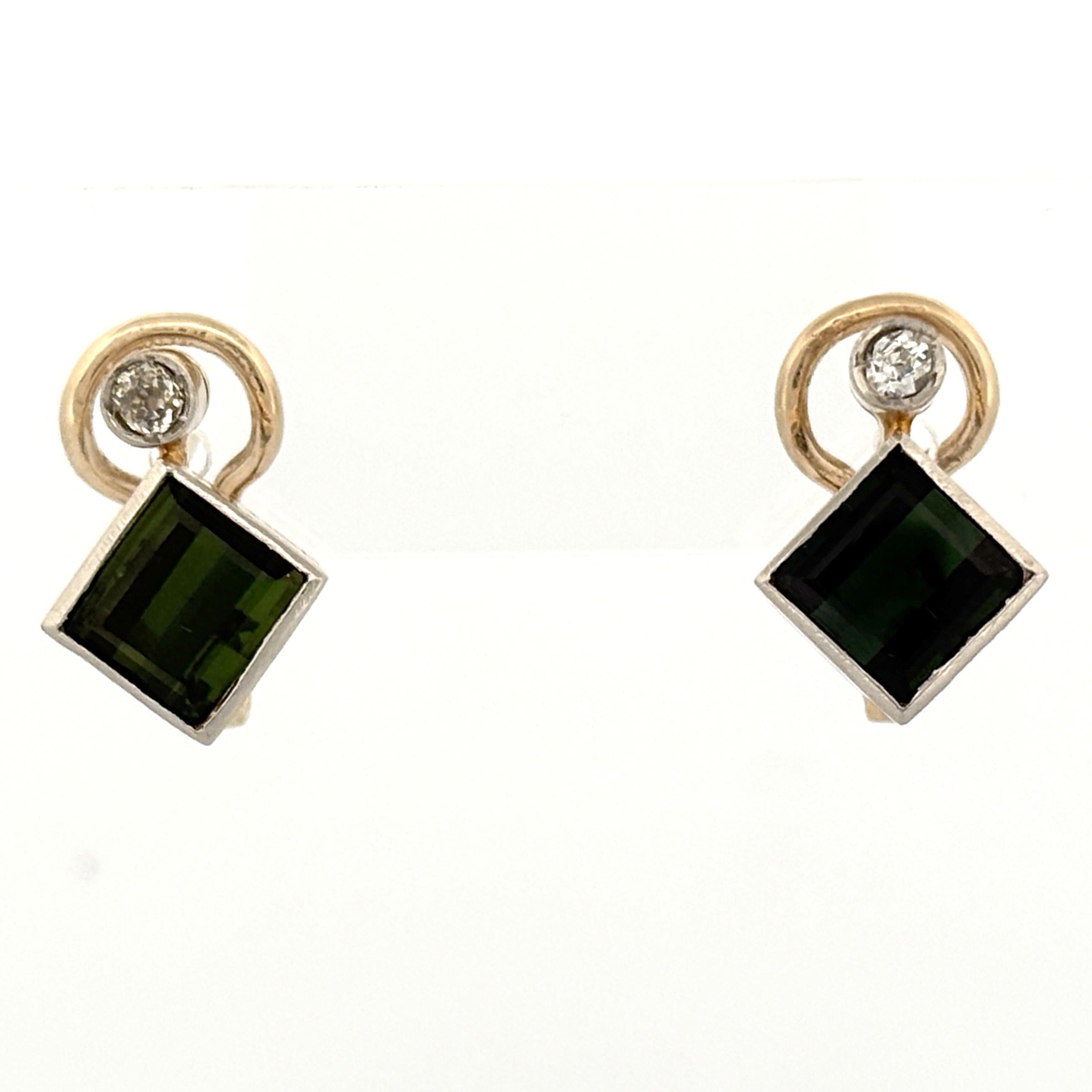 Vintage Modernist Tourmaline & Old Mine Cut Diamond Earrings 14k Gold