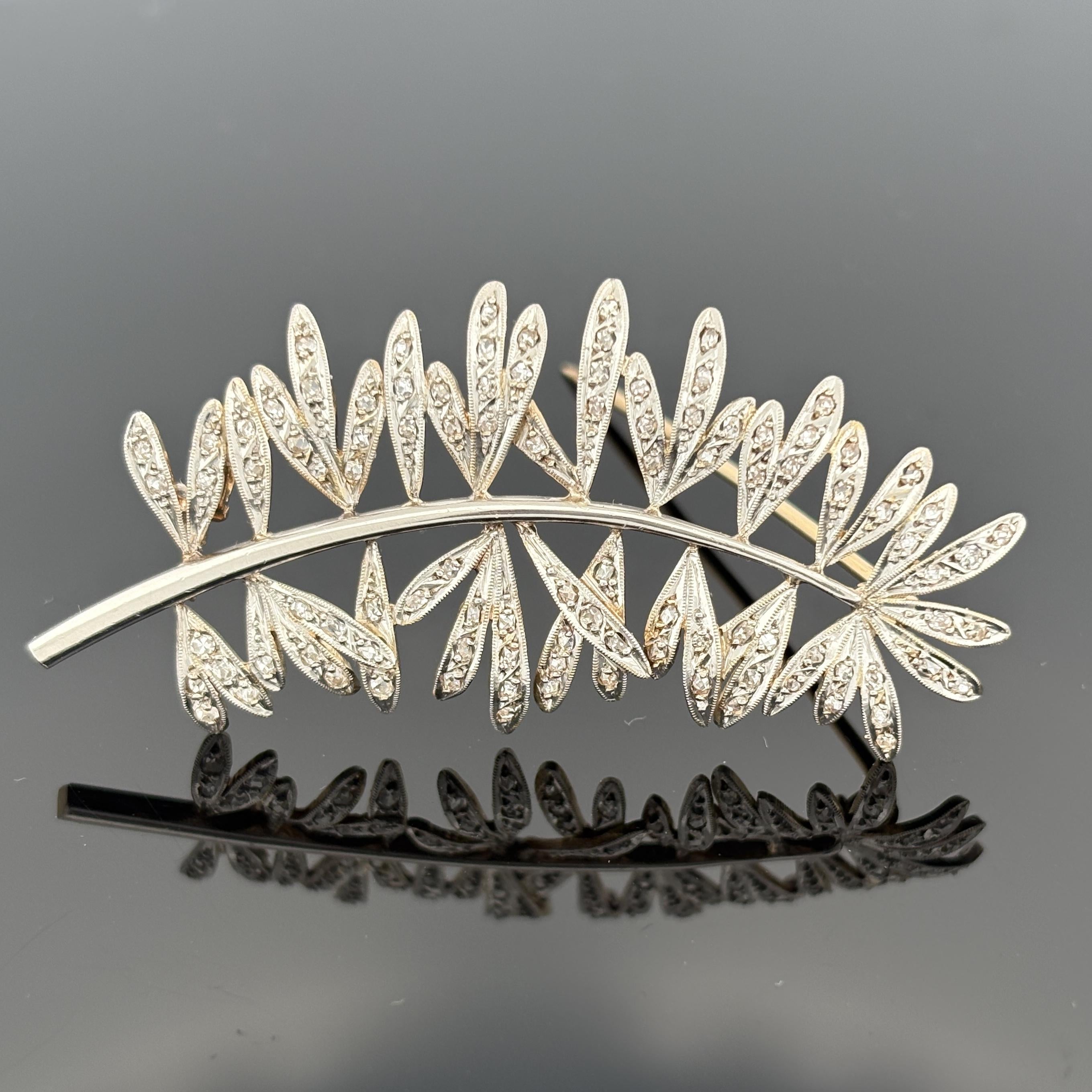 Antique Fern Spray Brooch, Platinum-Topped 18K Gold, Rose Cut Diamonds, Edwardia