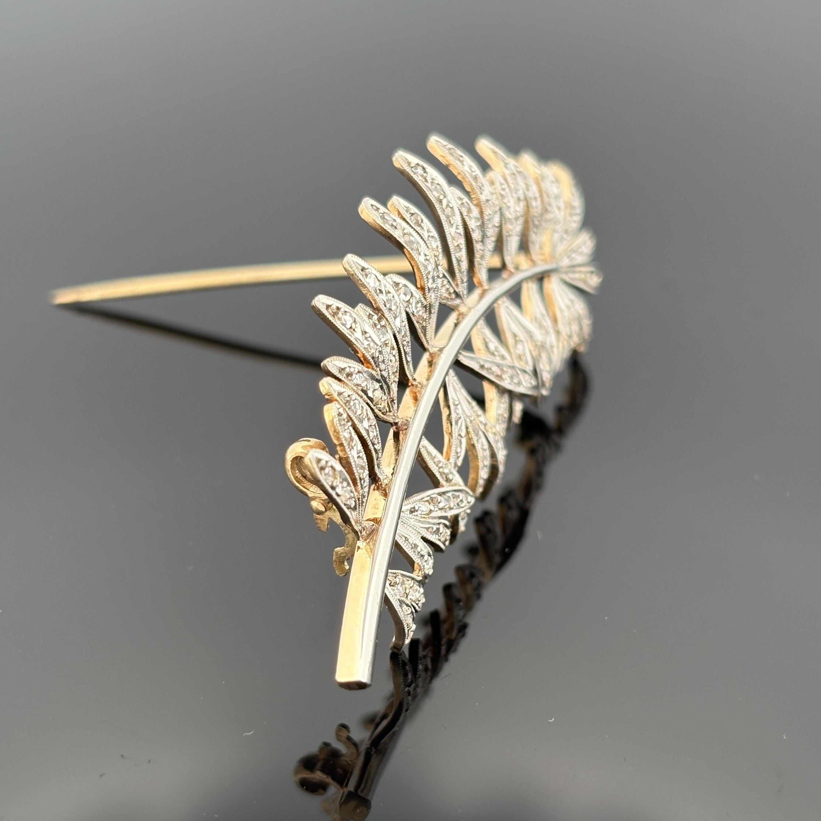 Antique Fern Spray Brooch, Platinum-Topped 18K Gold, Rose Cut Diamonds, Edwardia