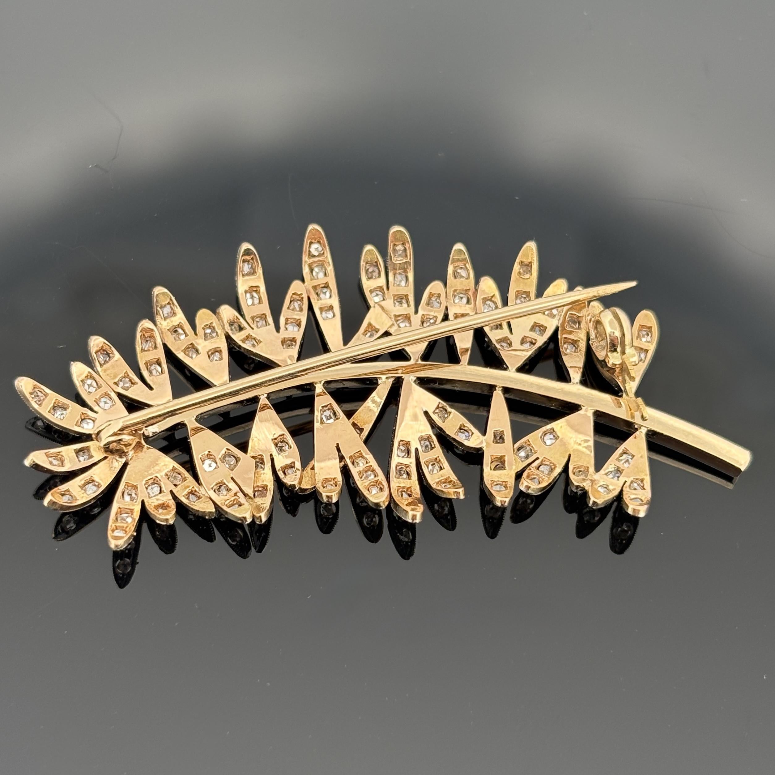 Antique Fern Spray Brooch, Platinum-Topped 18K Gold, Rose Cut Diamonds, Edwardia