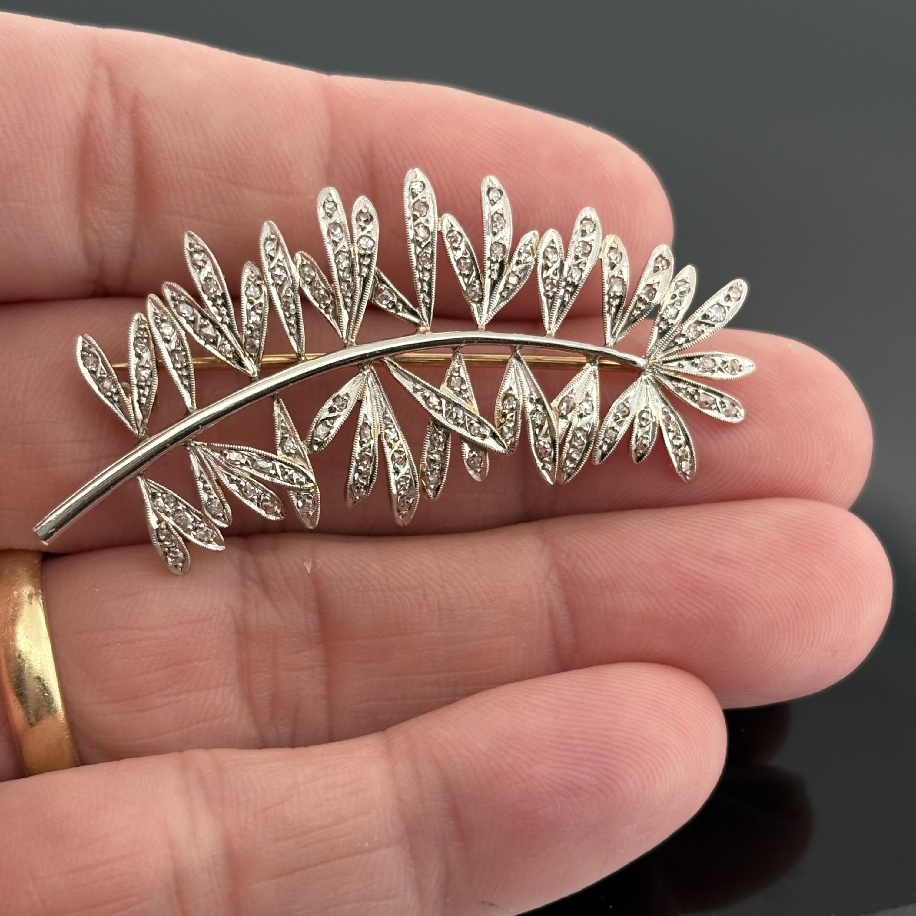 Antique Fern Spray Brooch, Platinum-Topped 18K Gold, Rose Cut Diamonds, Edwardia