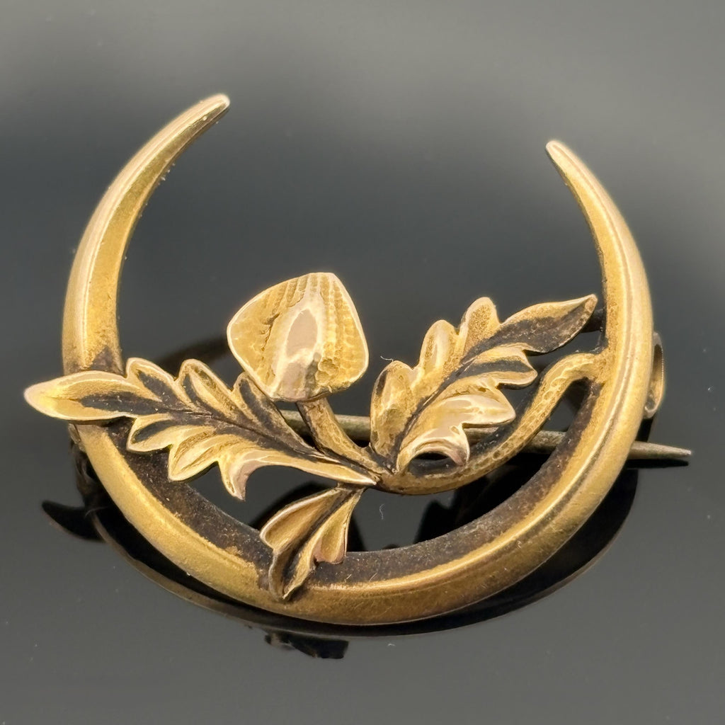Antique Victorian Crescent Moon & Oak Leaf 14k Gold Pin