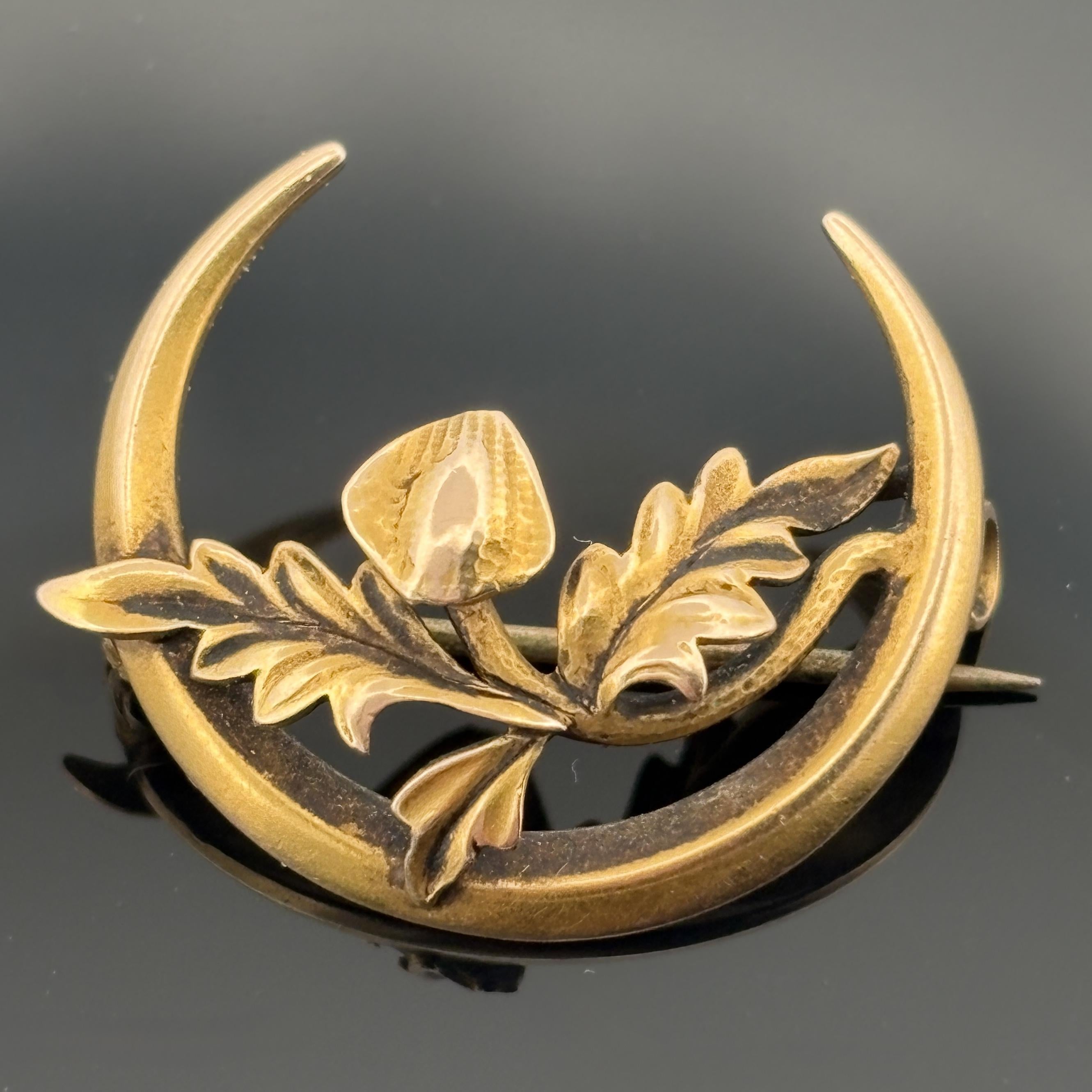 Antique Victorian Crescent Moon & Oak Leaf 14k Gold Pin