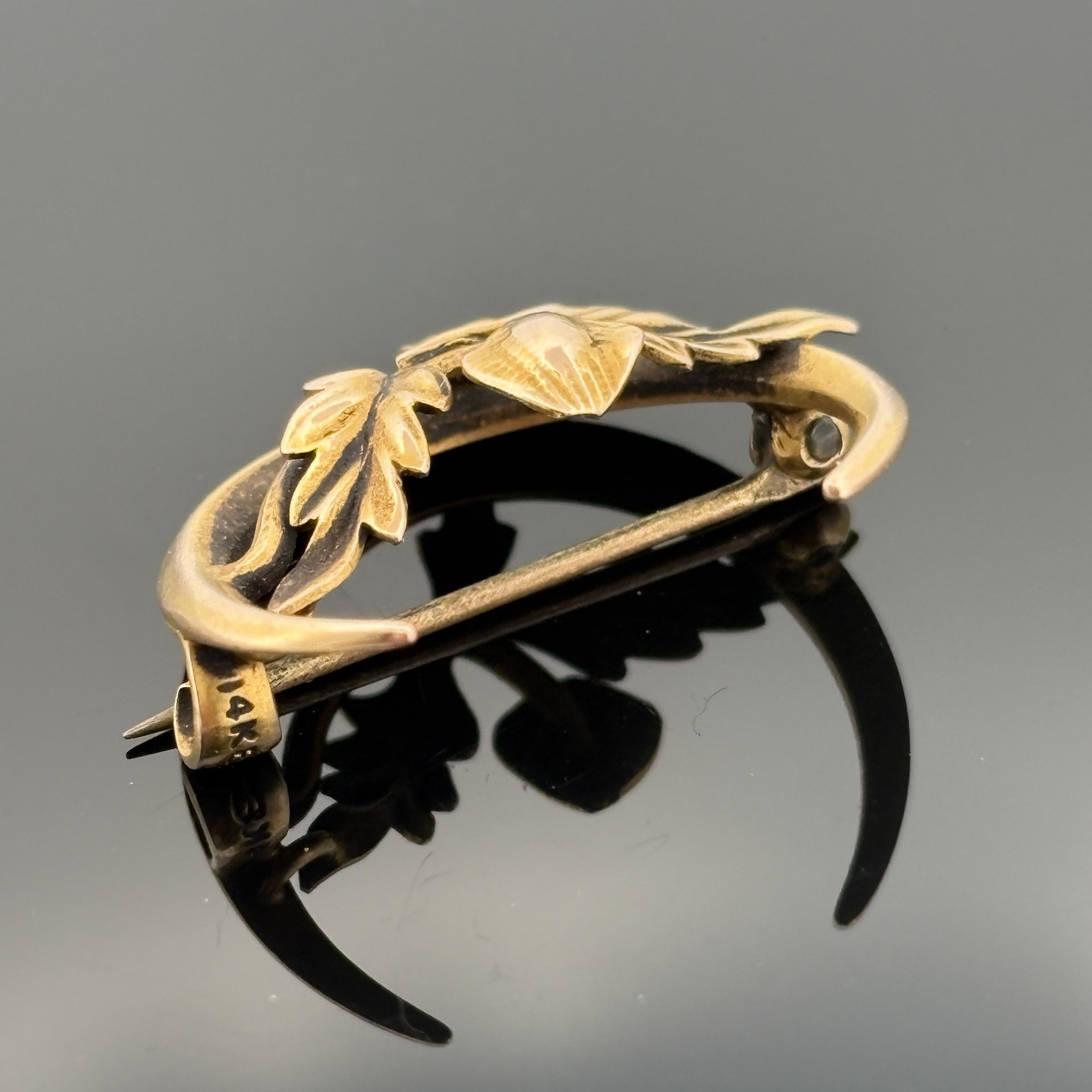 Antique Victorian Crescent Moon & Oak Leaf 14k Gold Pin