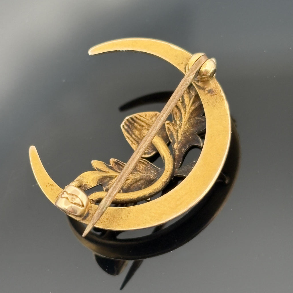 Antique Victorian Crescent Moon & Oak Leaf 14k Gold Pin