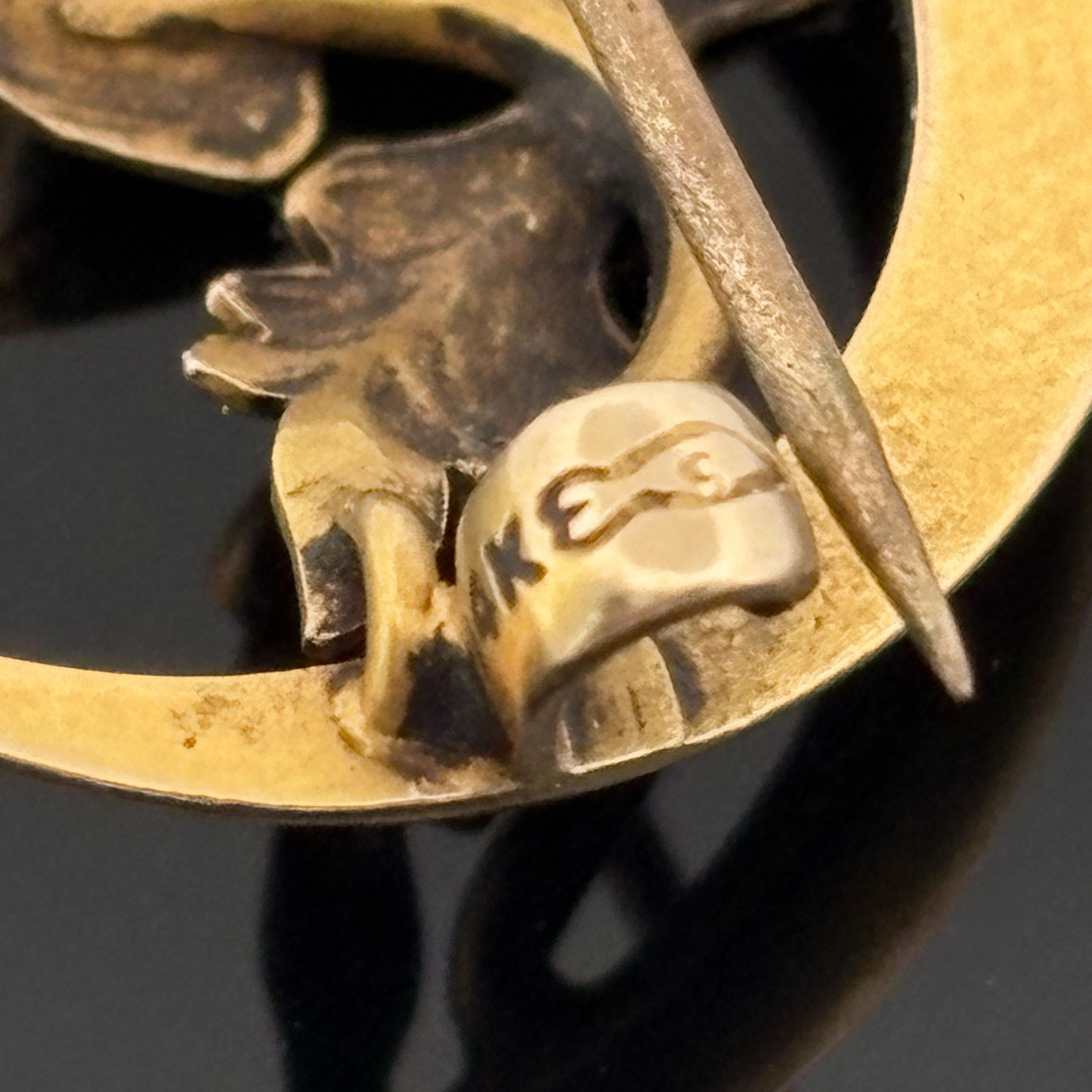 Antique Victorian Crescent Moon & Oak Leaf 14k Gold Pin