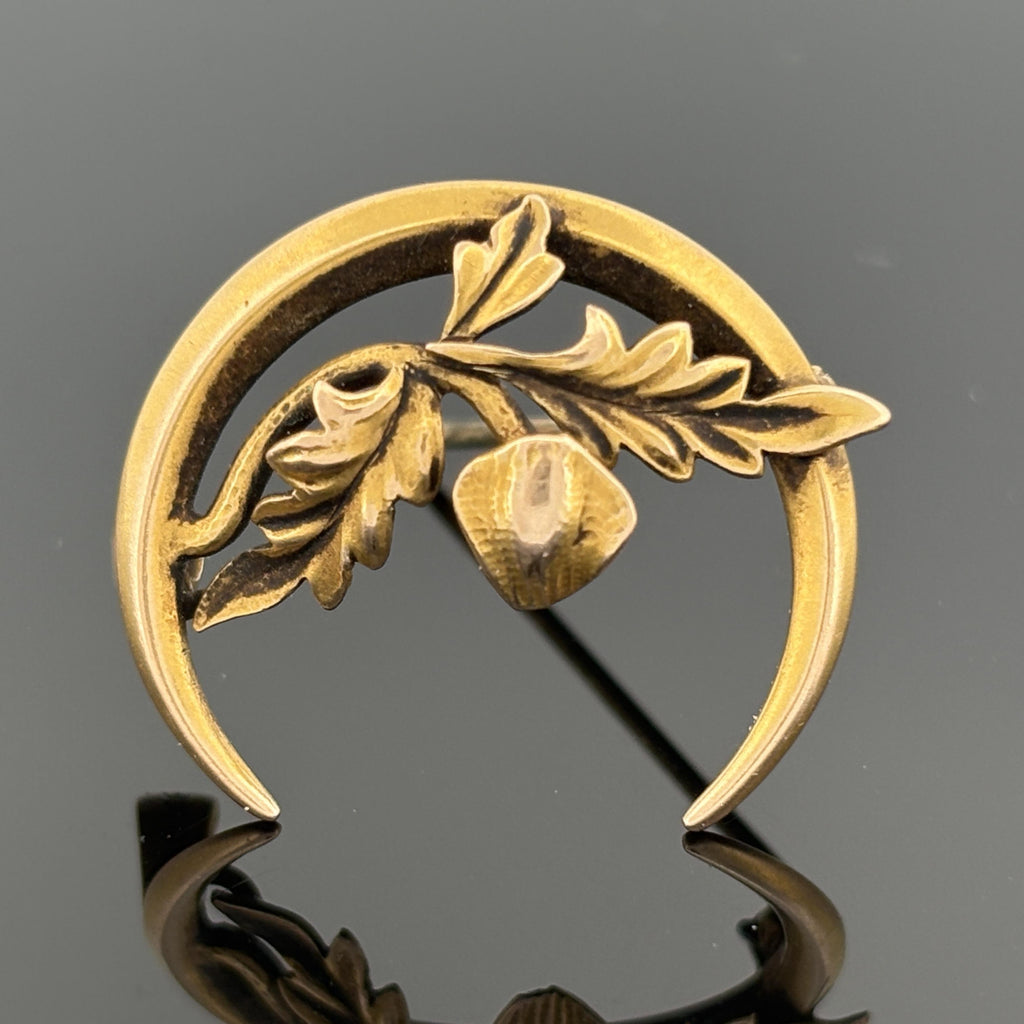 Antique Victorian Crescent Moon & Oak Leaf 14k Gold Pin