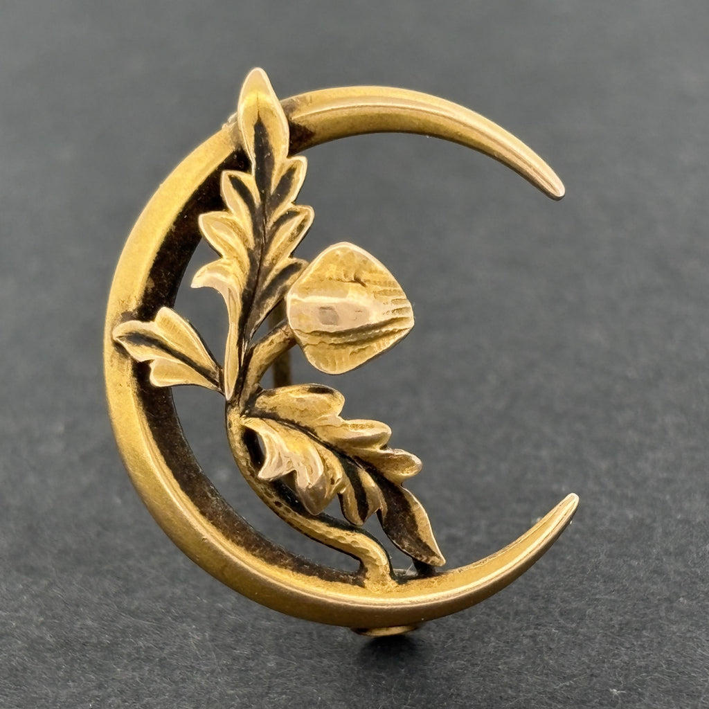 Antique Victorian Crescent Moon & Oak Leaf 14k Gold Pin