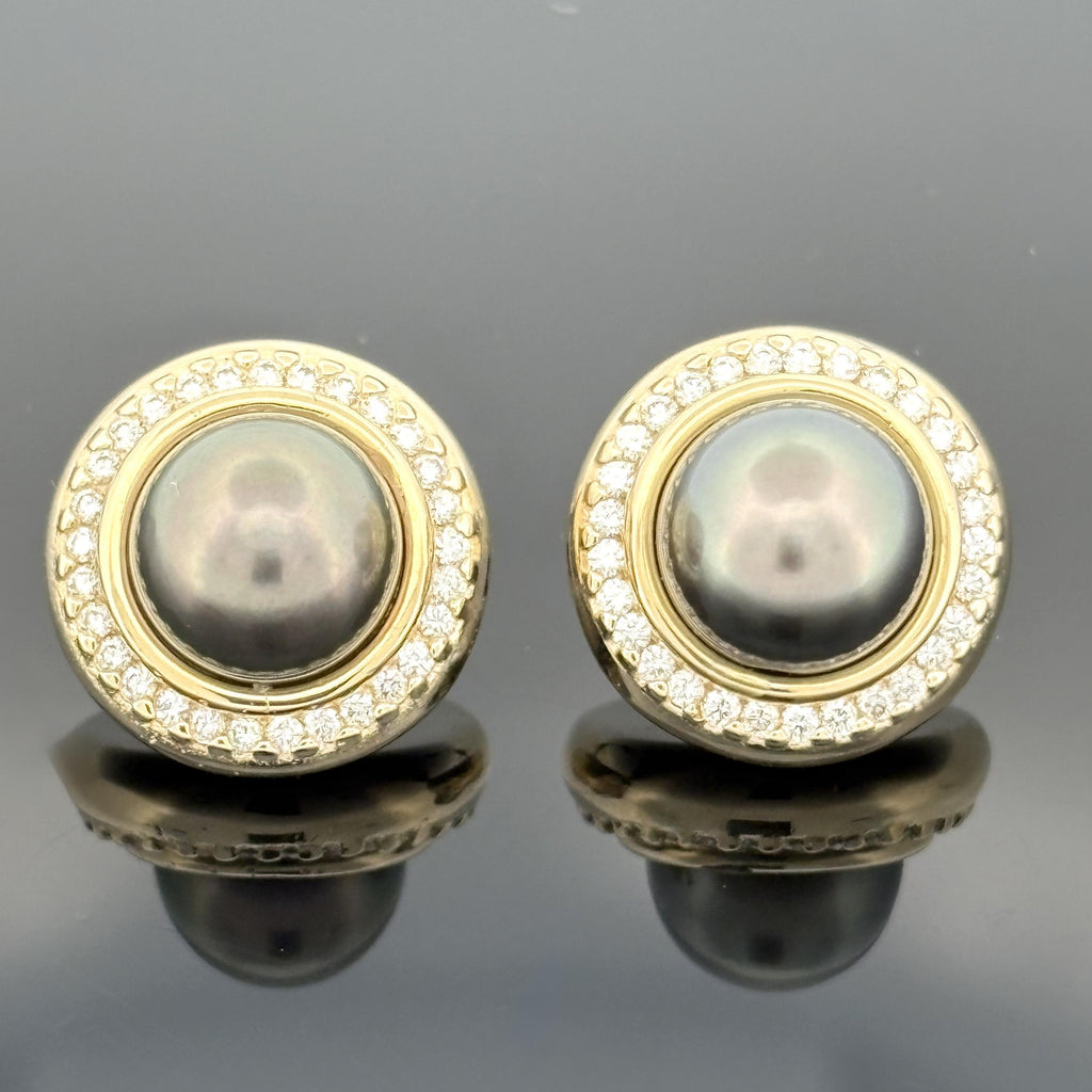 Tahitian Pearl 9.5mm and Diamond 14k Yellow Gold Earrings — Halo Set Studs
