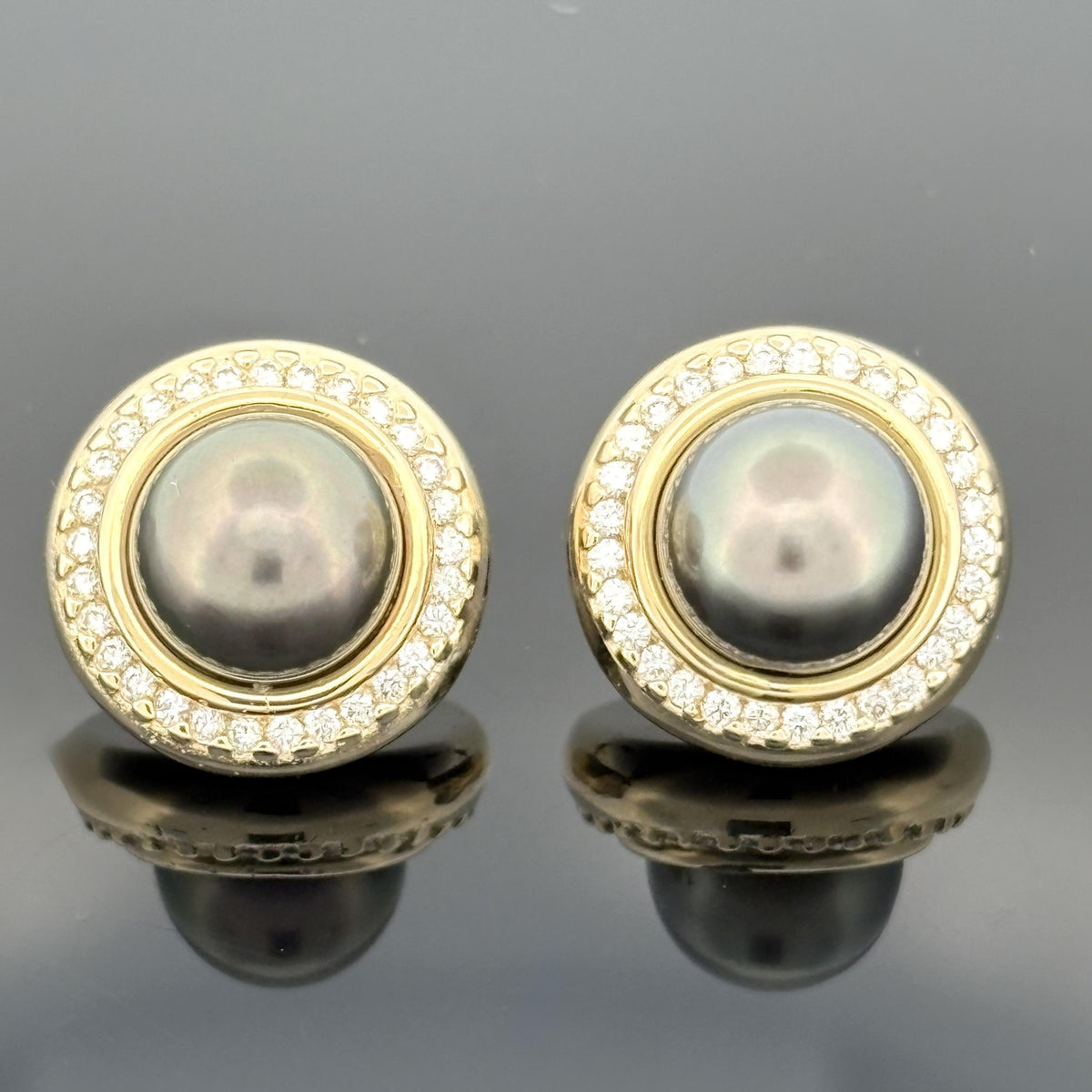 Tahitian Pearl 9.5mm and Diamond 14k Yellow Gold Earrings — Halo Set Studs