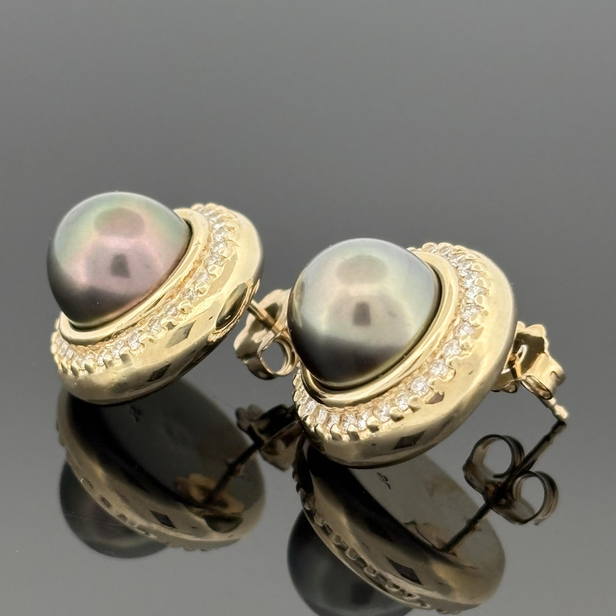 Tahitian Pearl 9.5mm and Diamond 14k Yellow Gold Earrings — Halo Set Studs