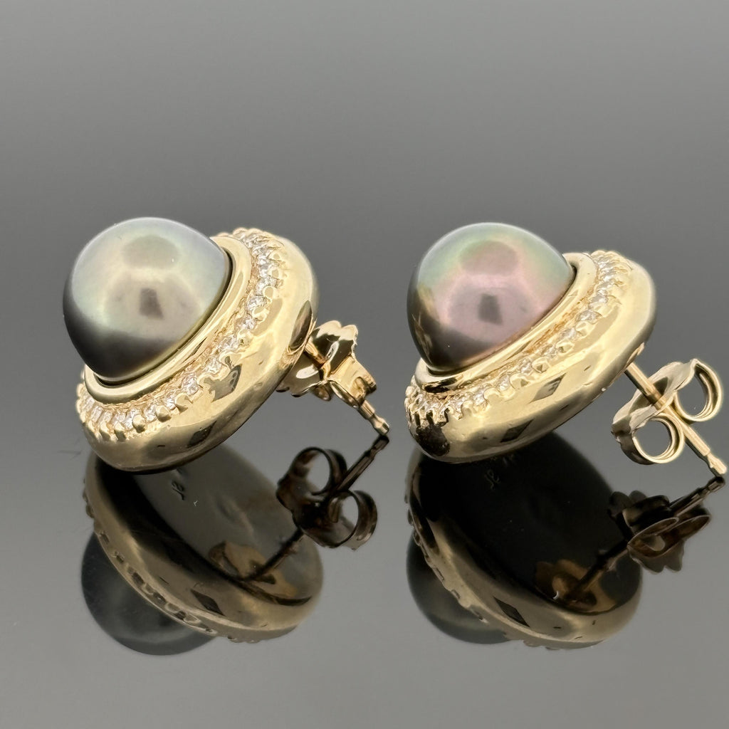 Tahitian Pearl 9.5mm and Diamond 14k Yellow Gold Earrings — Halo Set Studs