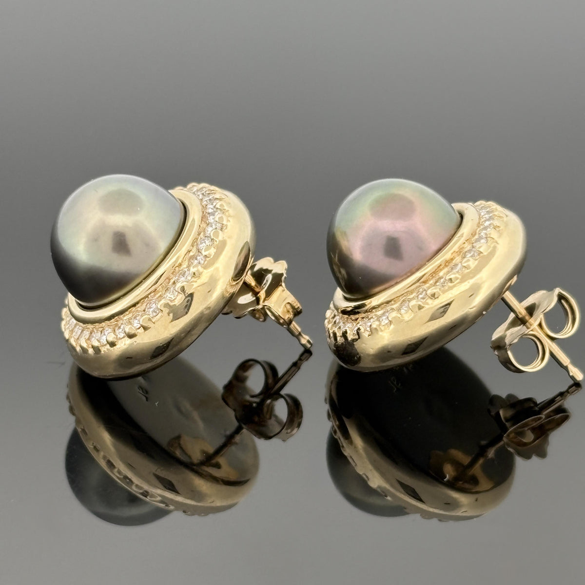 Tahitian Pearl 9.5mm and Diamond 14k Yellow Gold Earrings — Halo Set Studs