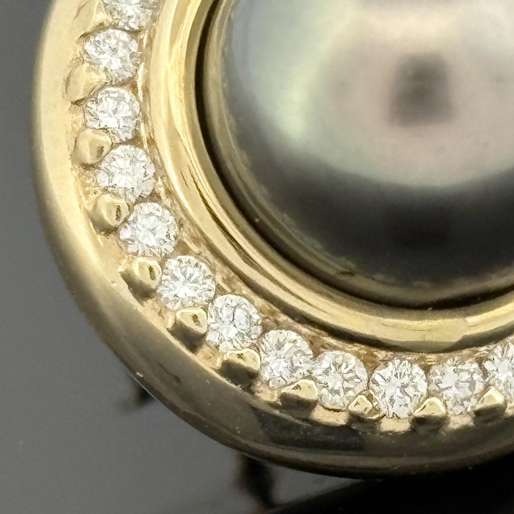 Tahitian Pearl 9.5mm and Diamond 14k Yellow Gold Earrings — Halo Set Studs