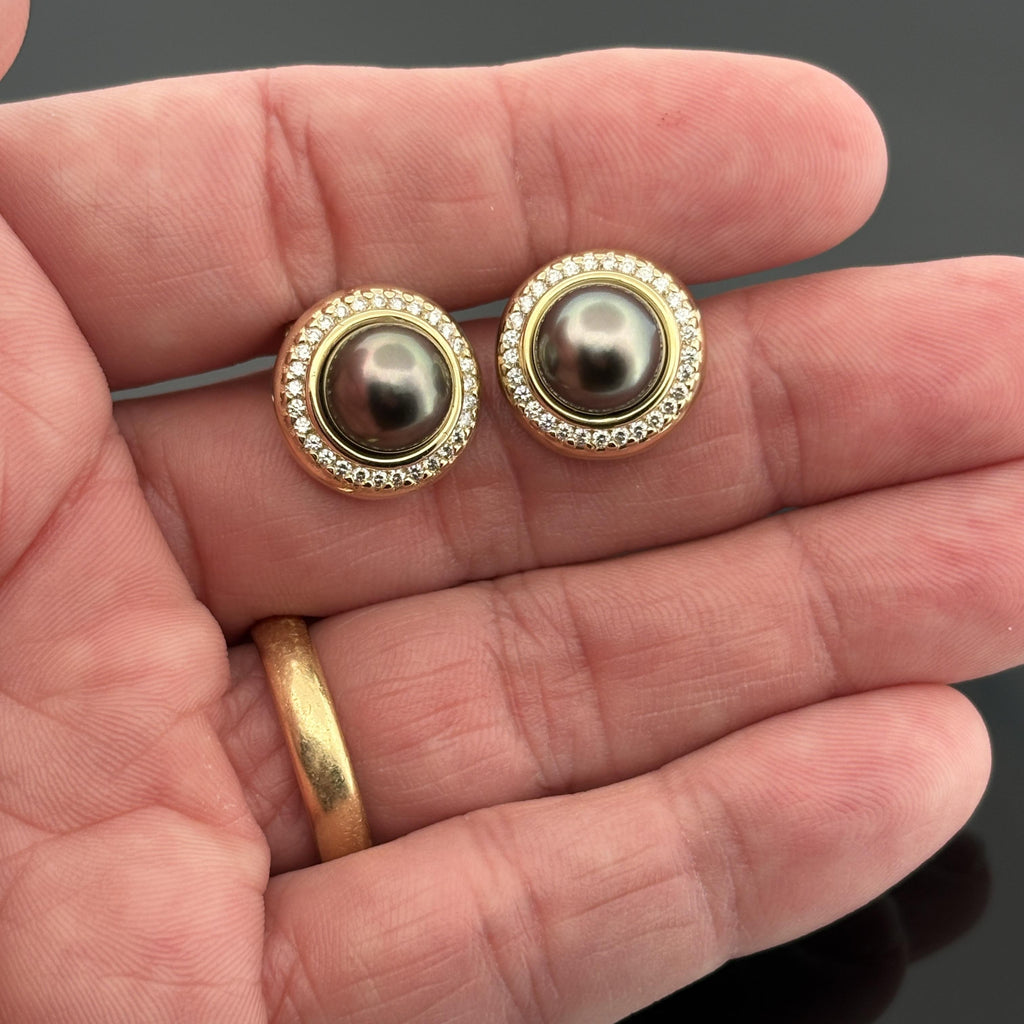 Tahitian Pearl 9.5mm and Diamond 14k Yellow Gold Earrings — Halo Set Studs
