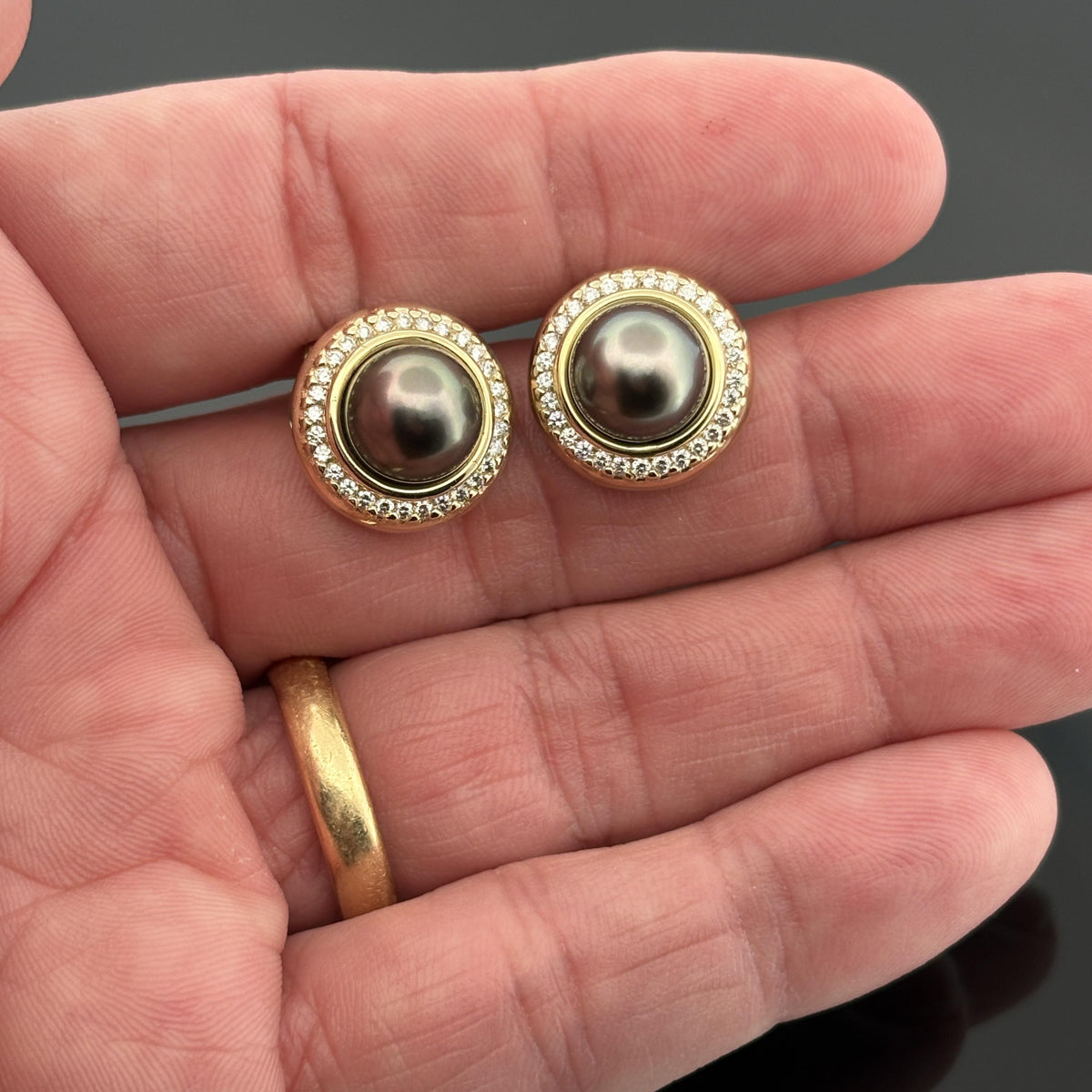 Tahitian Pearl 9.5mm and Diamond 14k Yellow Gold Earrings — Halo Set Studs