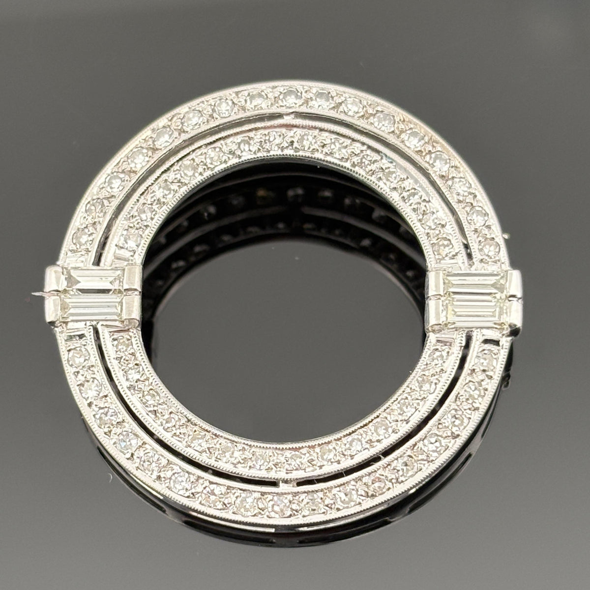 Vintage Mid-Century 14K White Gold Diamond Circle Brooch/Pendant ~1.73ctw