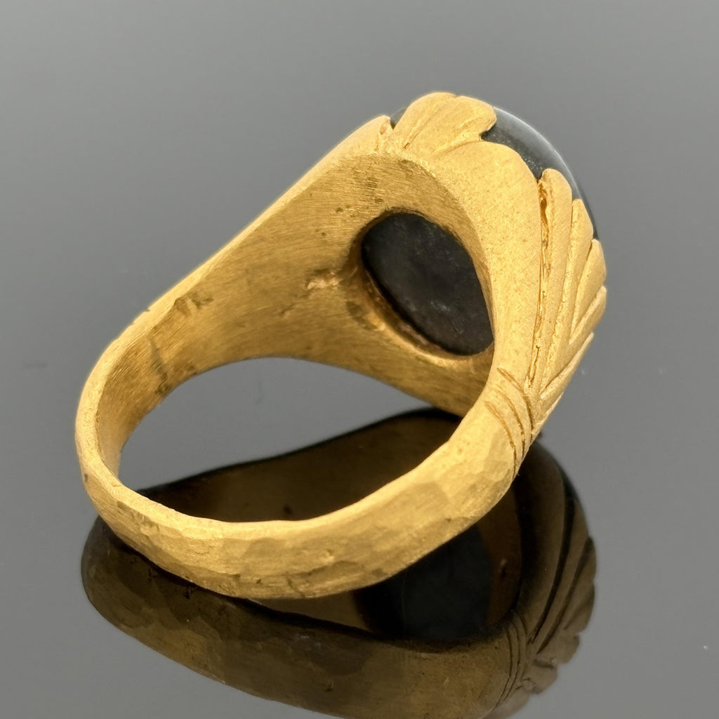 Unheated 13.65 Carat Sapphire Ring in Hand-Carved 23.6K Gold, Unisex