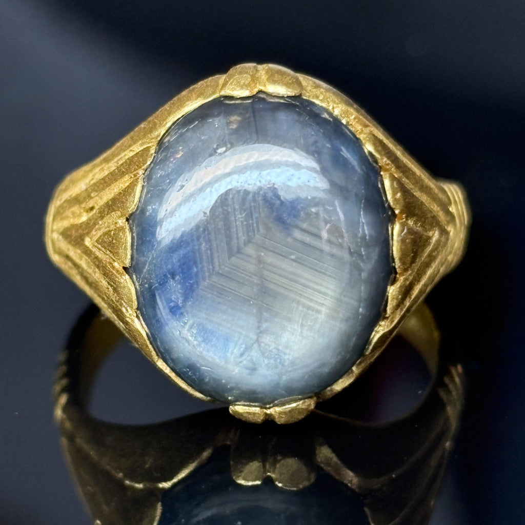 Unheated 13.65 Carat Sapphire Ring in Hand-Carved 23.6K Gold, Unisex