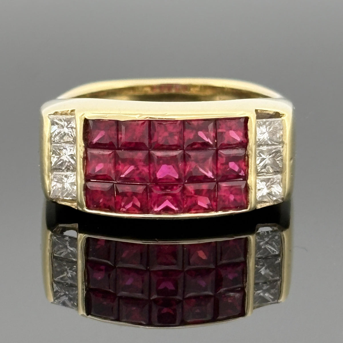 Estate 18K Yellow Gold Invisible Set Ruby & Diamond Cocktail Ring — 2.28ctw