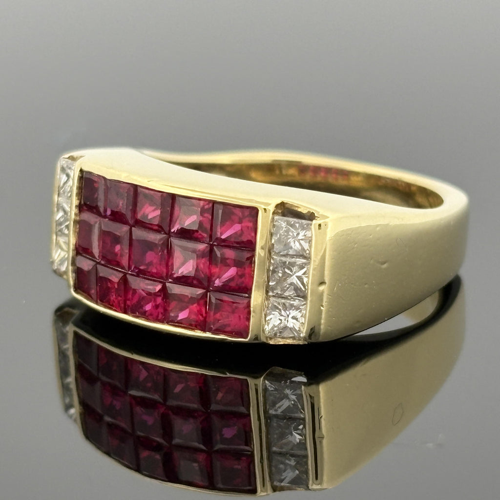 Estate 18K Yellow Gold Invisible Set Ruby & Diamond Cocktail Ring — 2.28ctw